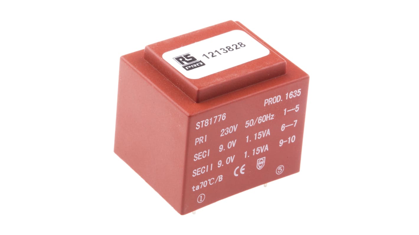 RS PRO 2 x 9V ac 2 Output PCB Mount PCB Transformer, 2.3VA