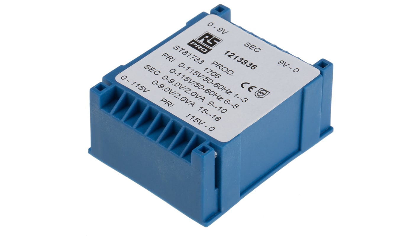 RS PRO 基板実装用トランス 一次側：115 → 230V ac 二次側：2 x 9V ac 定格電力：4VA 出力数：2