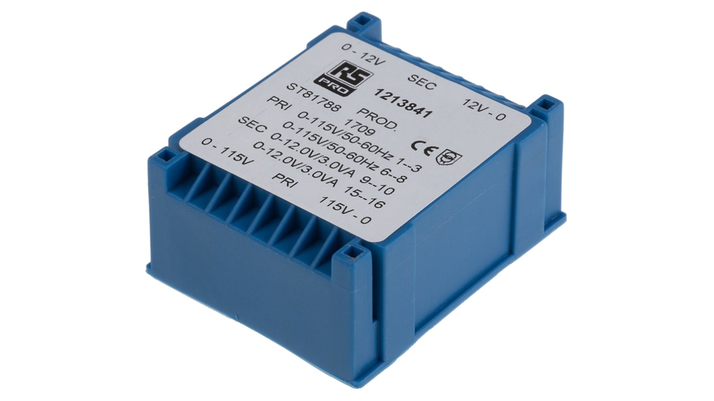 Trasformatore per PCB RS PRO, 6VA, primario 115 → 230V ca, secondario 2 x 12V ca, 2 uscite
