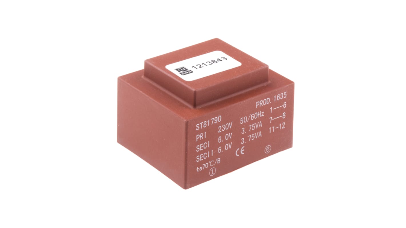 RS PRO PCB变压器, 7.5VA, 初级230V 交流, 次级2 x 6V 交流, 2输出, PCB安装, 51 x 43 x 35mm