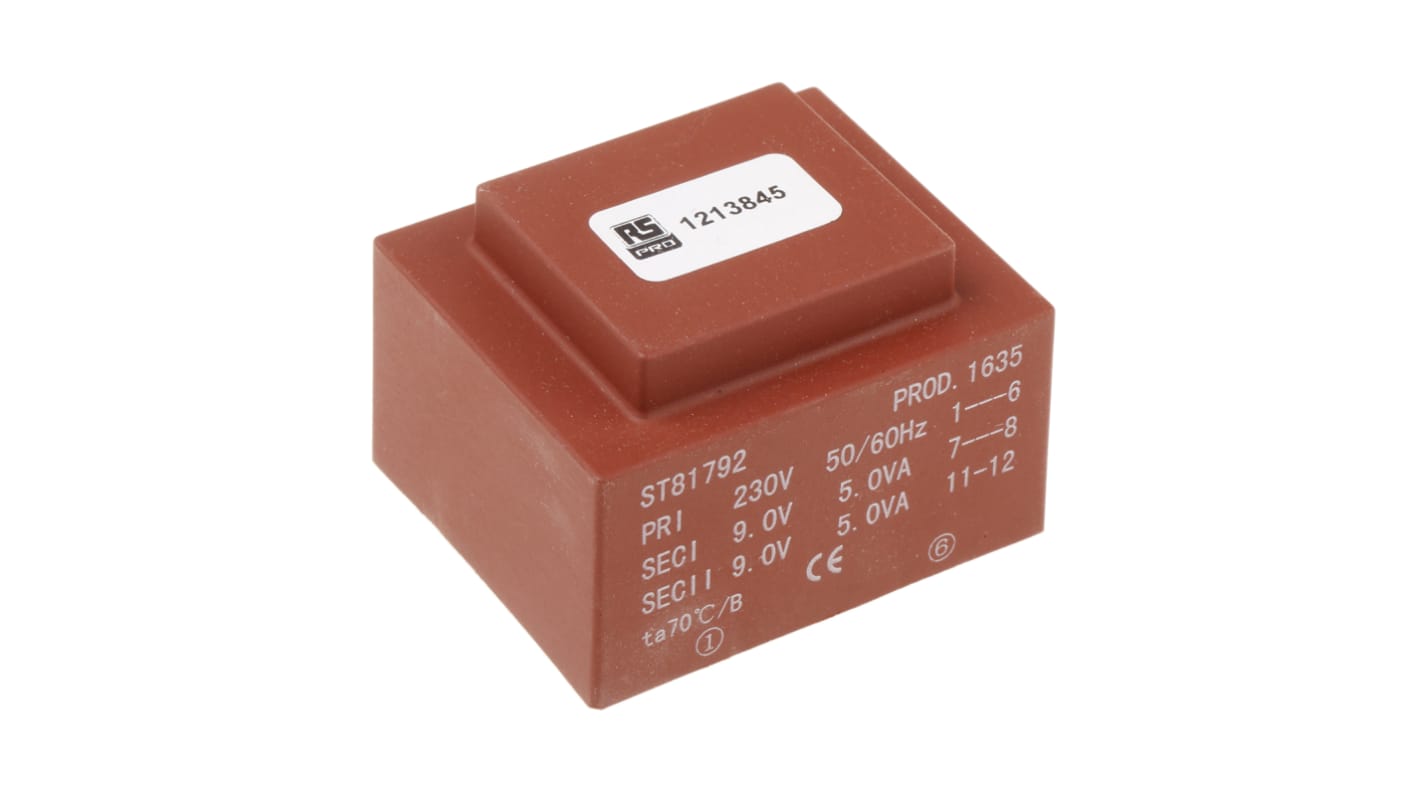 RS PRO PCB变压器, 10VA, 初级230V 交流, 次级2 x 9V 交流, 2输出, PCB安装, 51 x 43 x 35mm