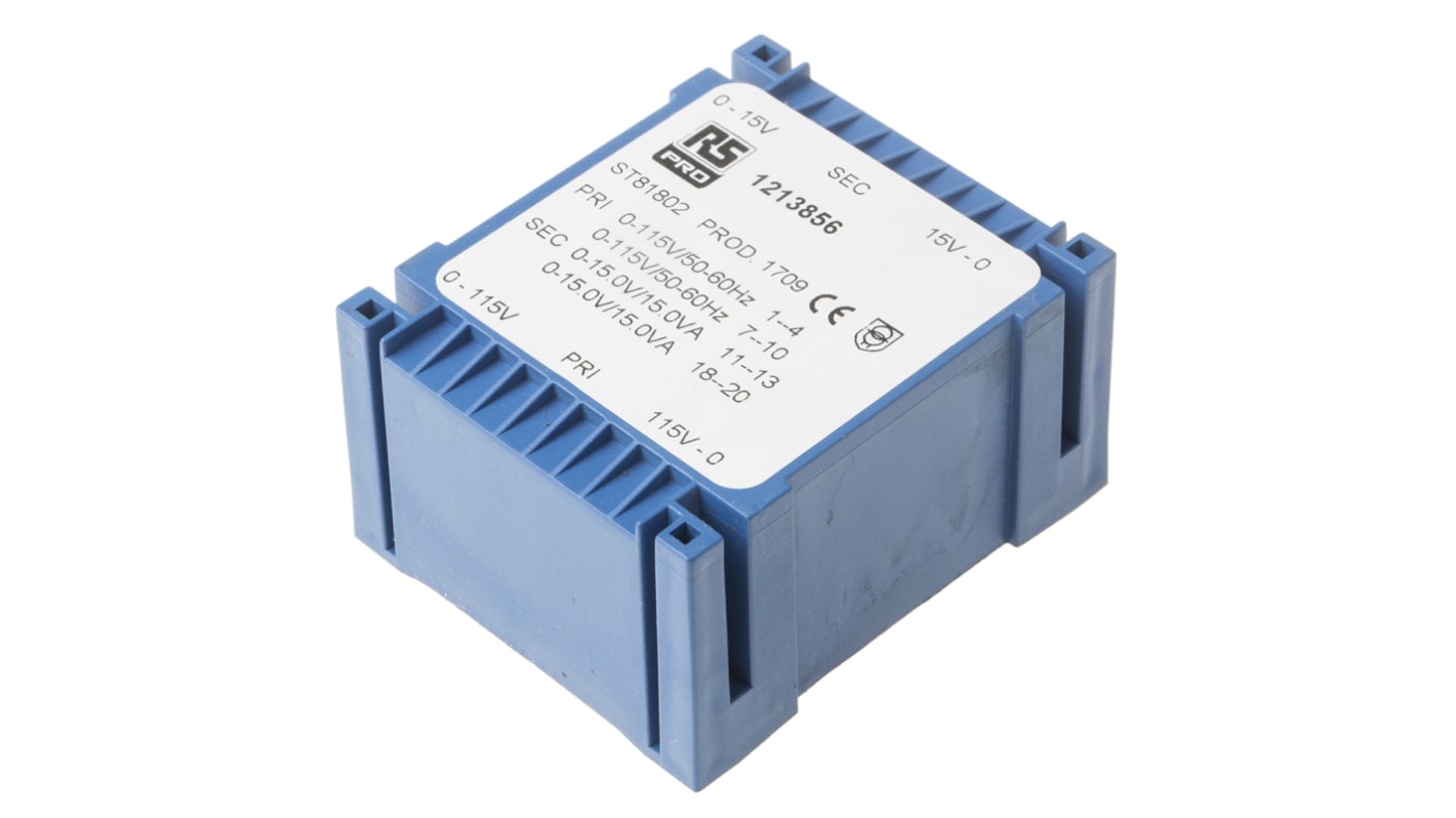 RS PRO PCB变压器, 30VA, 初级115 → 230V 交流, 次级2 x 15V 交流, 2输出, PCB安装, 68 x 57 x 35mm