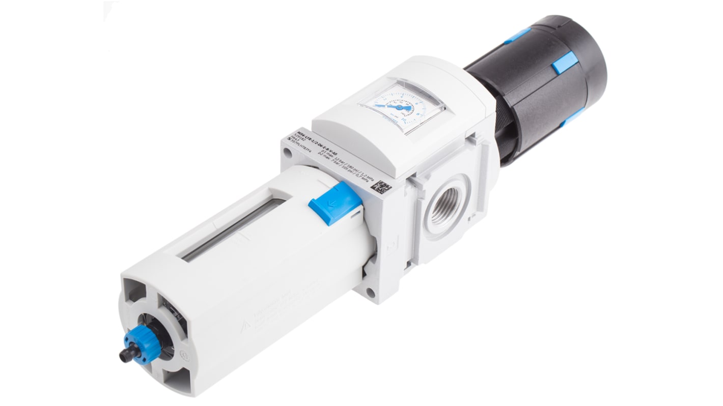 Festo 过滤减压阀, G 1/2接口, G 1/2压力表端口, 2bar至12 bar, 自动排水器, 40μm过滤精度, MS6-LFR系列