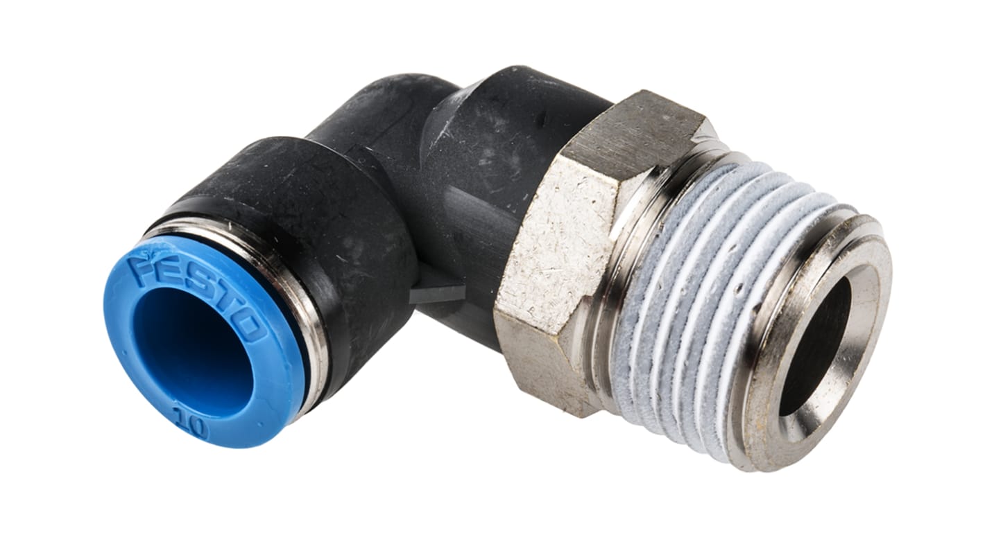 Festo QS Series Elbow Threaded Adaptor, R 1/2 Male to Push In 10 mm, Threaded-to-Tube Connection Style, 190661
