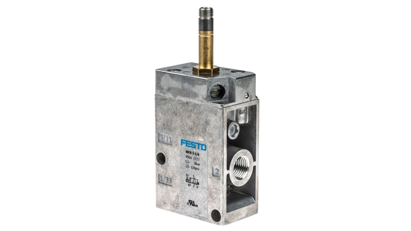 Festo 3/2 Pneumatic Solenoid Valve - Solenoid/Spring G 1/4 MFH Series 12 → 48V dc, 24 → 240V ac, 9964