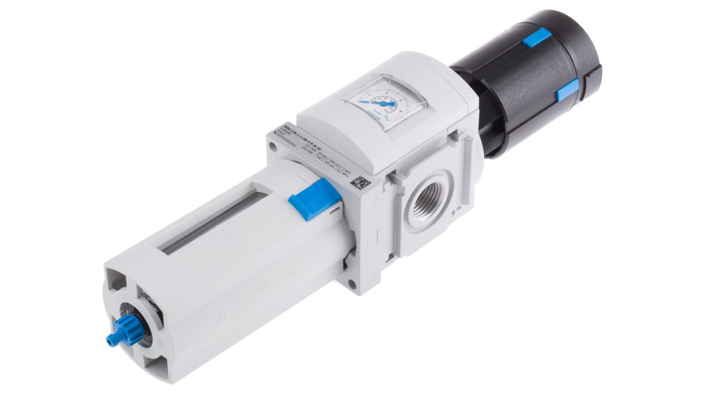 Festo 过滤减压阀, G 1/2接口, G 1/2压力表端口, 0.8bar至20 bar, 手动排水器, 40μm过滤精度, MS6-LFR系列