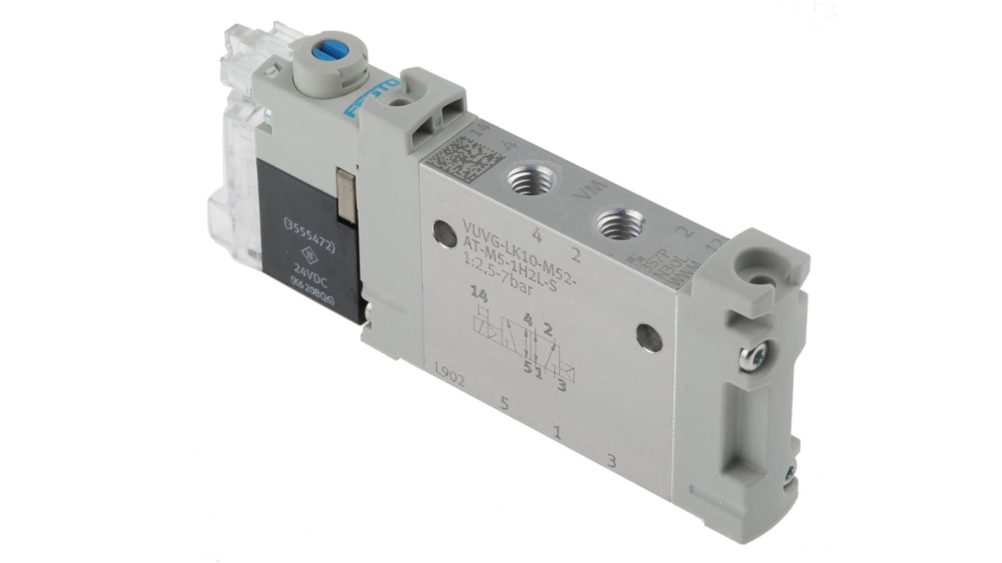 Festo 5/2 Solenoid Valve - Solenoid/Spring Metric M5 VUVG Series 24V dc, 8042539