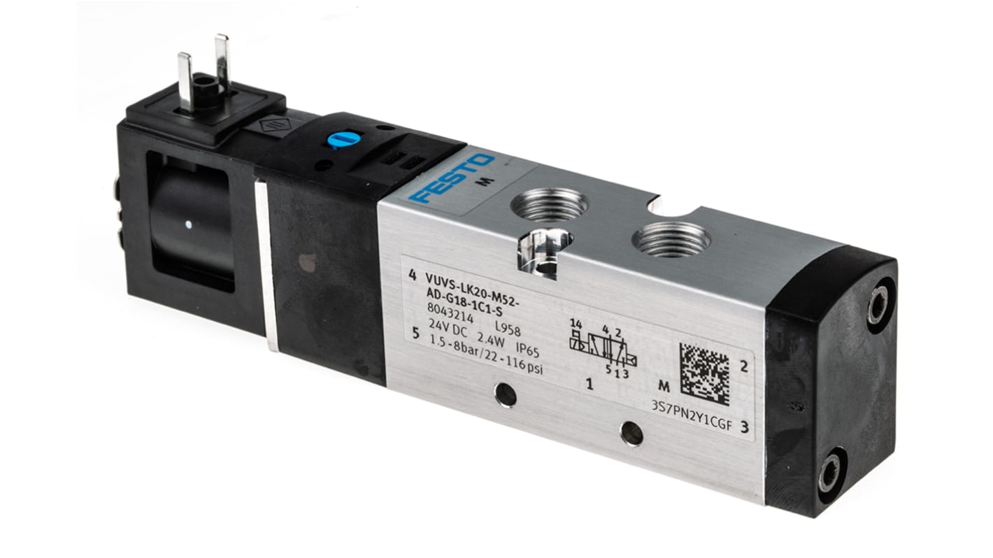 Válvula de solenoide Festo, Serie VUVS, Rosca G 1/8, Función 5/2, Solenoide/Resorte, En Línea, 550l/min