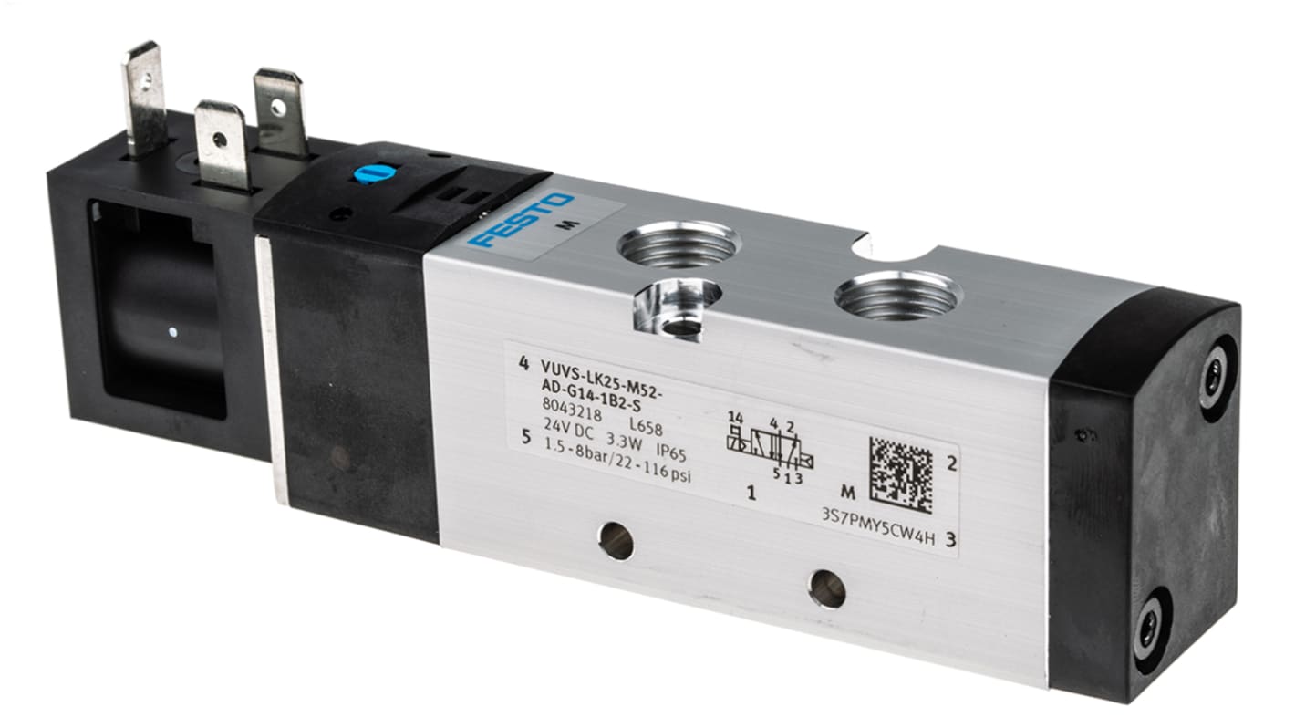 Festo Magnetventil, serie VUVS, G 1/4, 5/2, Magnet/fjeder, Inline, 1000l/min