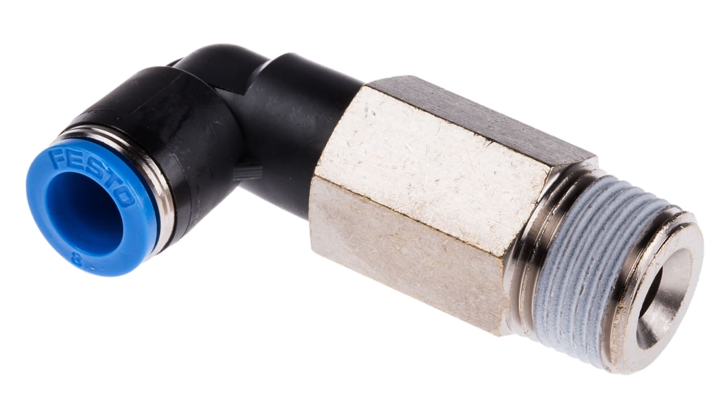 Festo QS Series Elbow Threaded Adaptor, R 3/8 Male to Push In 8 mm, Threaded-to-Tube Connection Style, 153081