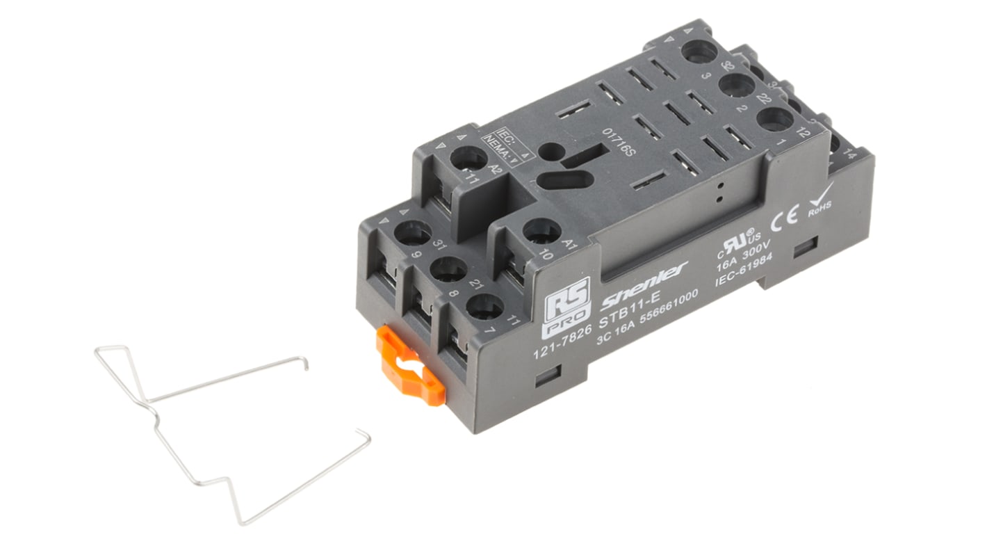RS PRO 继电器底座, 16A, 300V, 11触点, DIN导轨安装, 适用于RS Pro RKL 继电器三刀双掷