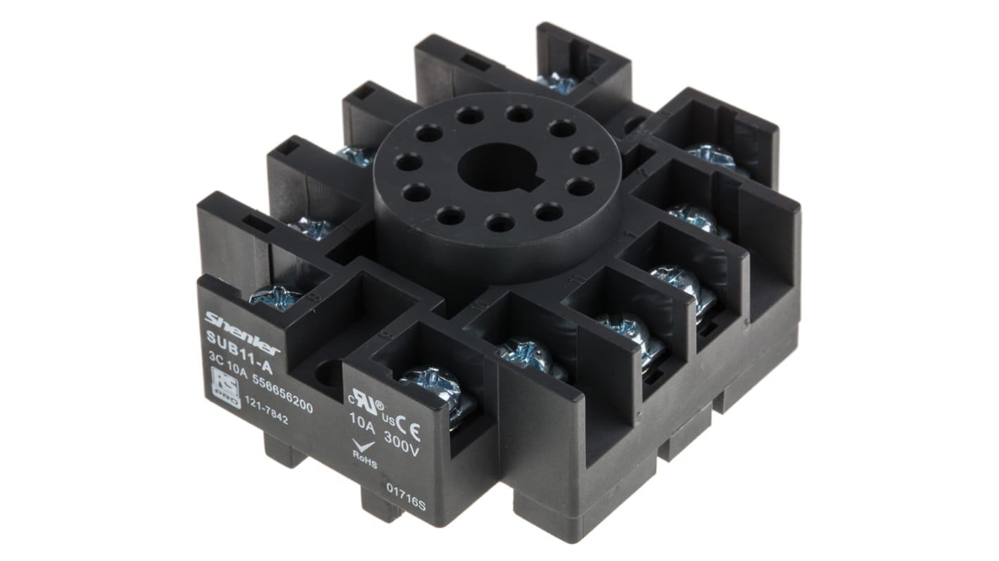 RS PRO 继电器底座, 15A, 300V, 11触点, DIN导轨安装, 适用于RS Pro RUB 继电器