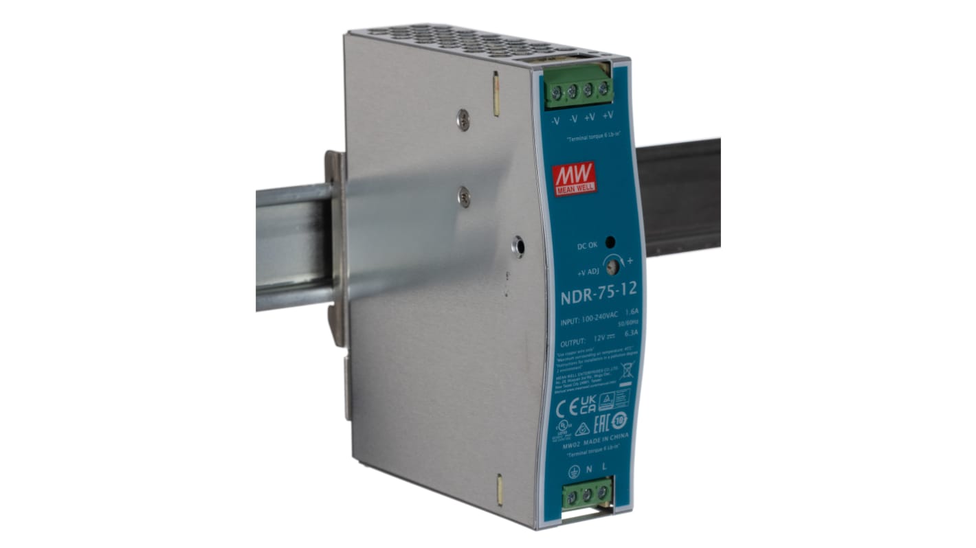 Alimentation pour rail DIN MEAN WELL, série NDR, 90 → 264V c.a.in, 12V c.c.out 6.3A, 75W