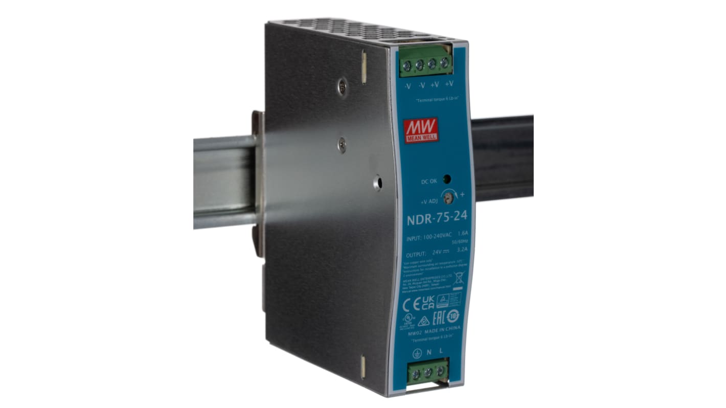 Alimentatore a montaggio su guida DIN MEAN WELL, 24V cc, 3.2A, 90 → 264V ca, 75W