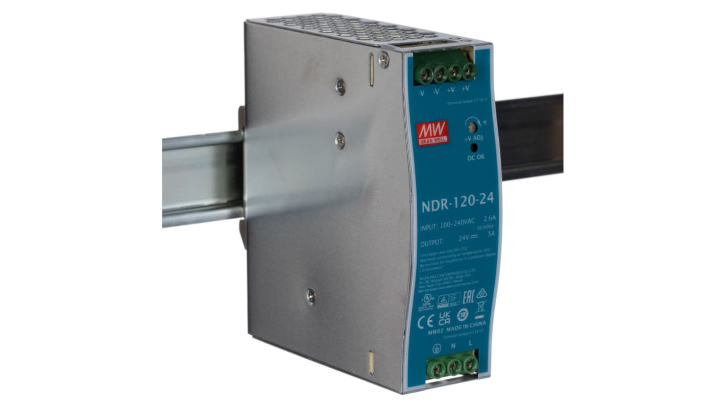 MEAN WELL NDR Switched Mode DIN Rail Power Supply, 90 → 264V ac ac Input, 24V dc dc Output, 5A Output, 120W