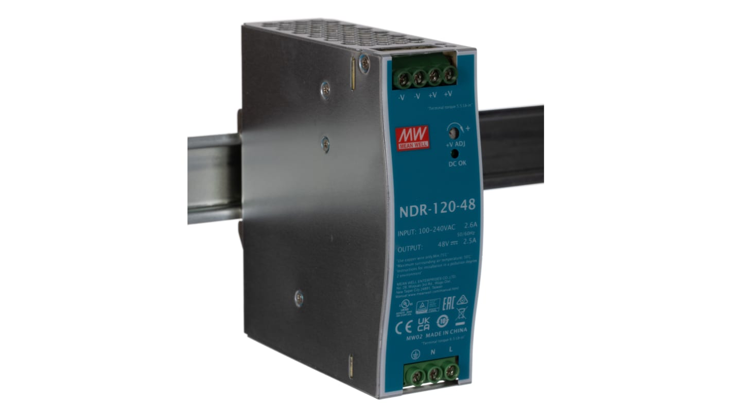 MEAN WELL NDR Switched Mode DIN Rail Power Supply, 90 → 264V ac ac Input, 48V dc dc Output, 2.5A Output, 120W
