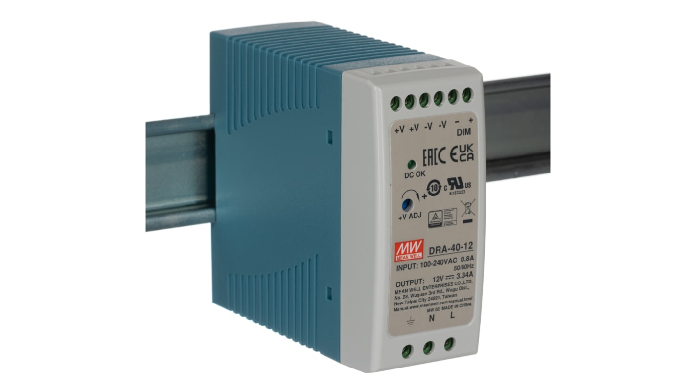 MEAN WELL DRA Switched Mode DIN Rail Power Supply, 90 → 264 V ac / 120 →370V dc ac, dc Input, 12V dc dc