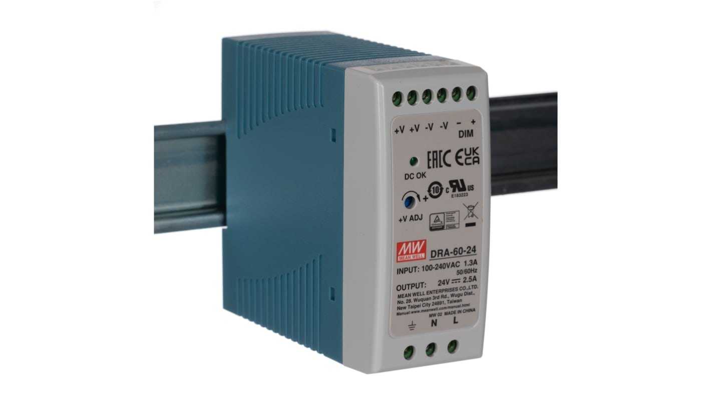 MEAN WELL DRA Switched Mode DIN Rail Power Supply, 90 → 264 V ac / 120 →370V dc ac, dc Input, 24V dc dc