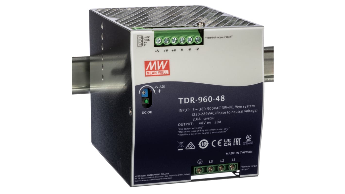 MEAN WELL TDR DIN-Schienen Netzteil Getaktet 48V dc / 20A 960W 340 → 550V ac