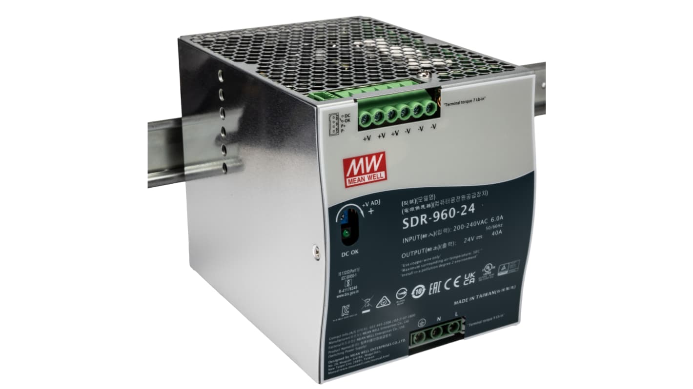 MEAN WELL 开关模式导轨电源, 24V 直流 40A输出, 960W, 180 → 264V 交流输入, 单相, SDR系列