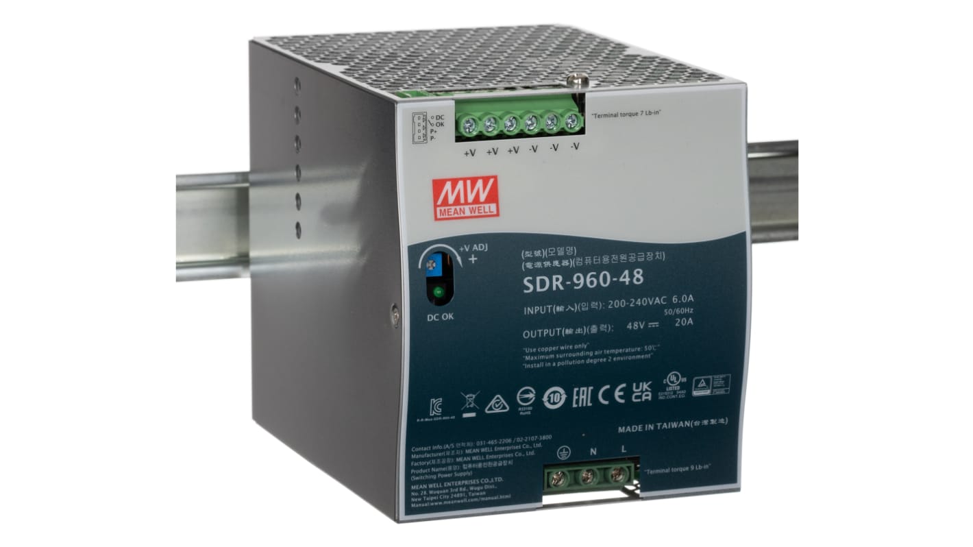 MEAN WELL DIN-sín tápellátás, 1 kimenet, 48V dc, 20A, BE: 180 → 264V ac, 960W