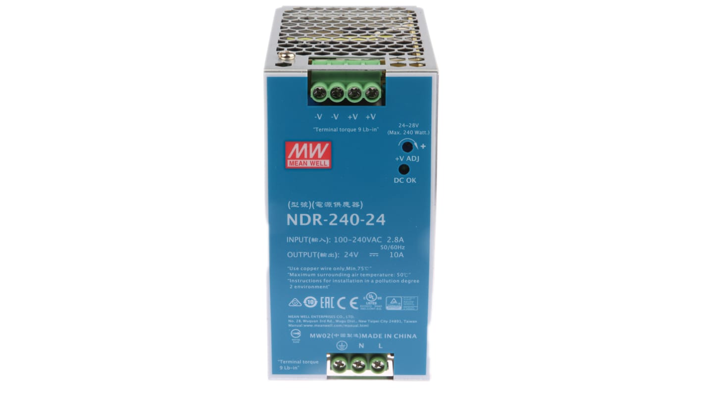 MEAN WELL 开关模式导轨电源, 24V 直流 10A输出, 240W, 90 → 264V 交流输入, 单相, NDR系列