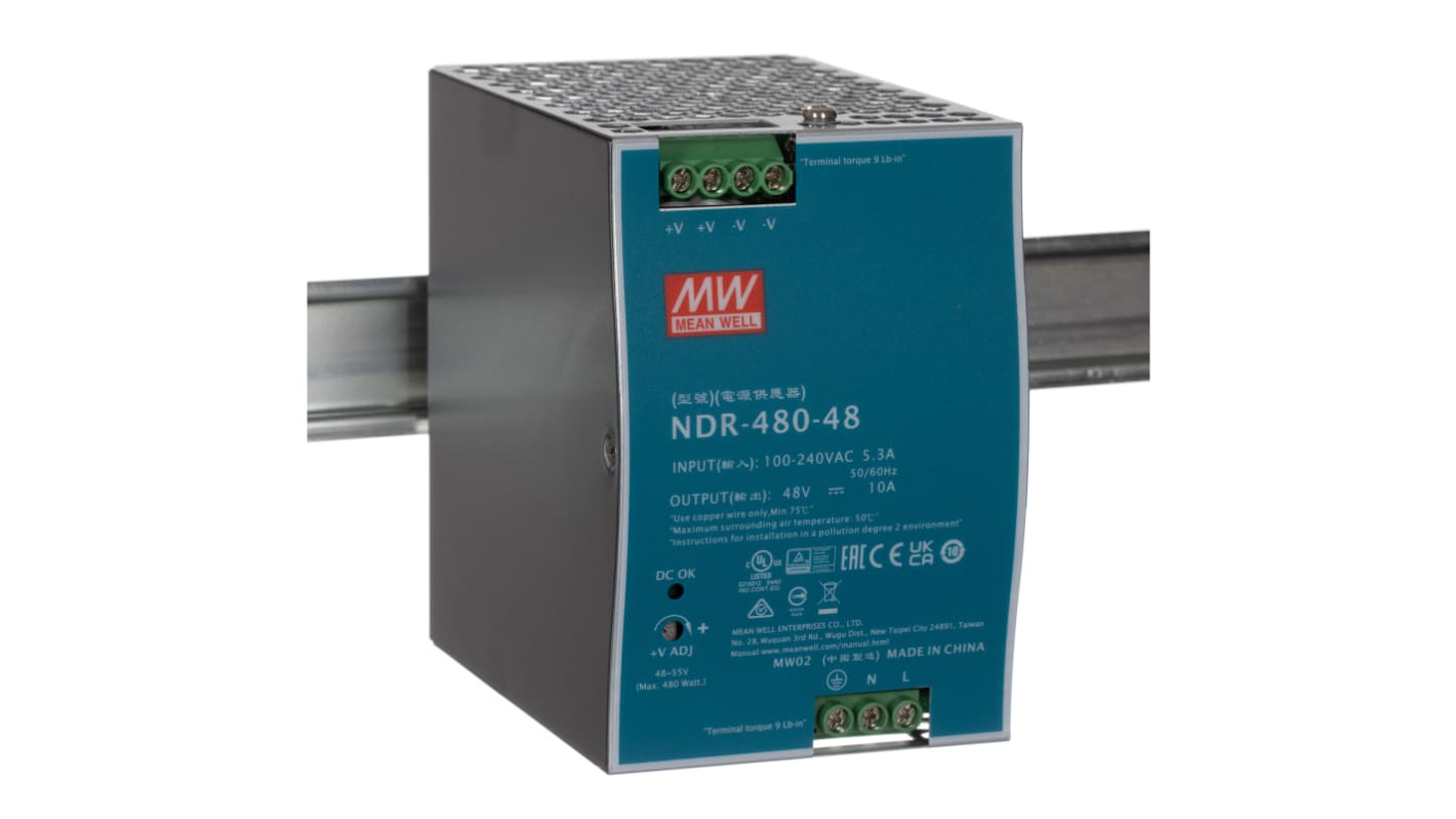 MEAN WELL NDR Switched Mode DIN Rail Power Supply, 90 → 264V ac ac Input, 48V dc dc Output, 10A Output, 480W