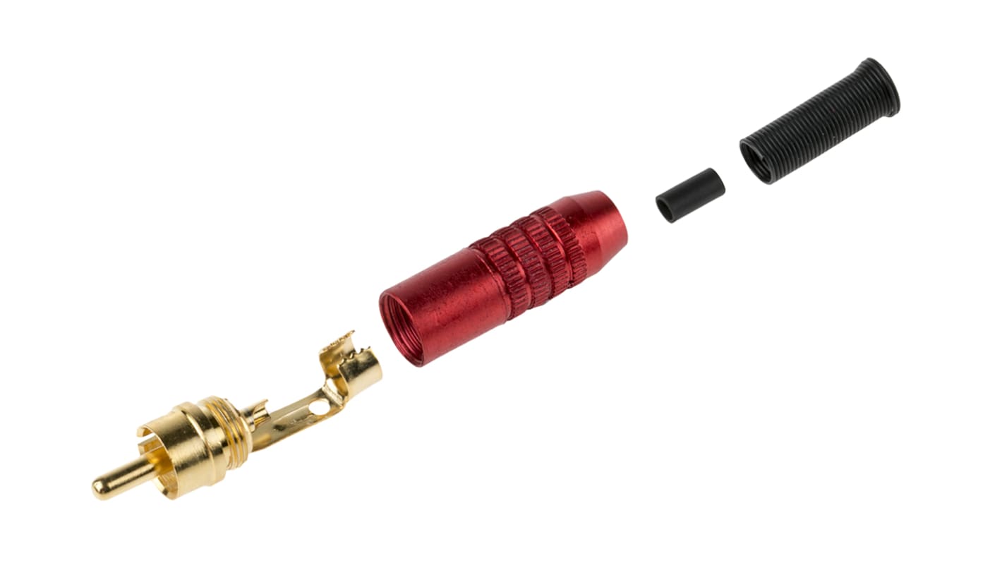 Zástrčka RCA, Červená, orientace těla: Pravý úhel, Samec, Kabelová montáž, pokovení: pozlacená, 5A, materiál kontaktu: