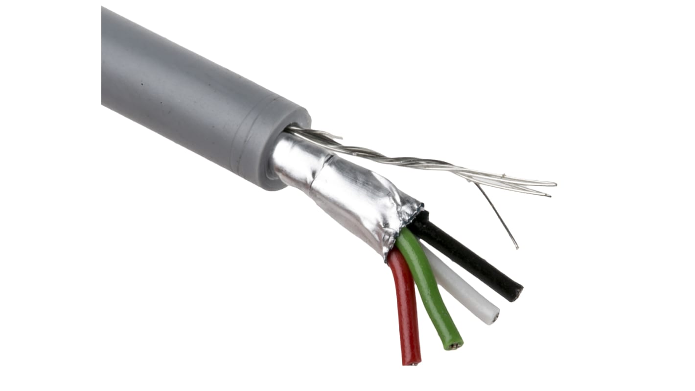 RS PRO Multicore Data Cable, 0.2 mm², 4 Cores, 24 AWG, Screened, 100m, Grey Sheath