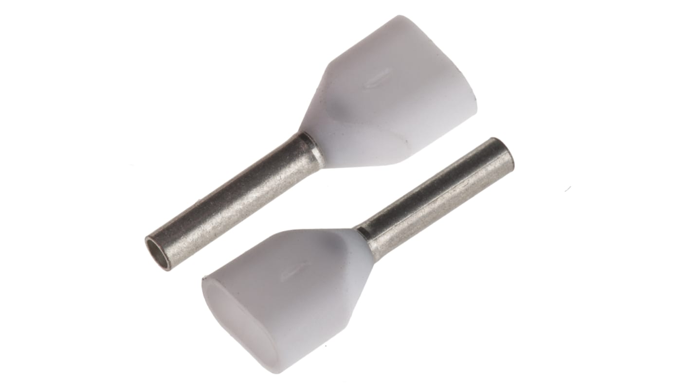 JST, TWE Insulated Crimp Bootlace Ferrule, 8mm Pin Length, 1.5mm Pin Diameter, 2 x 0.5mm² Wire Size, White