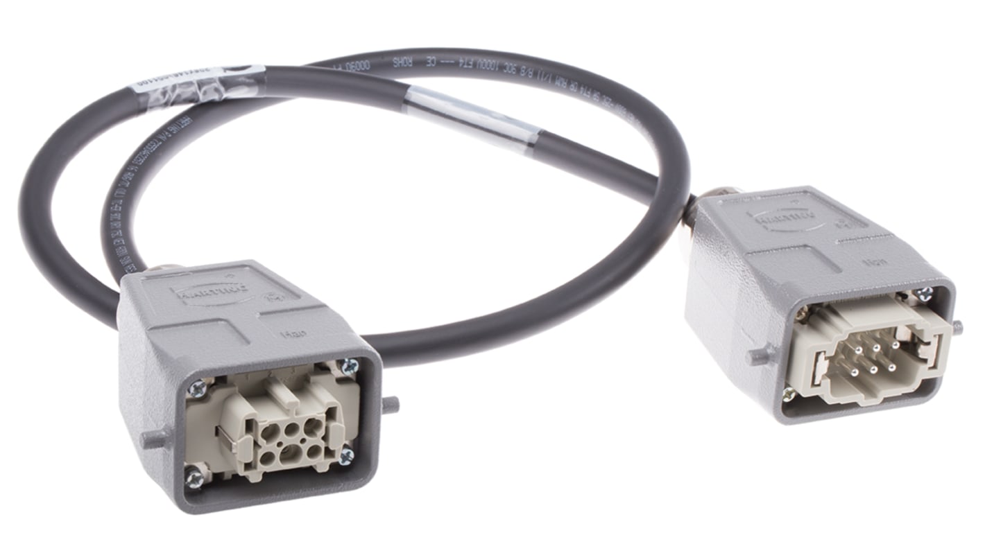 HARTING Cable Assembly, 6 Way, 9.0A, Female to Male, Han E, 600.0 V