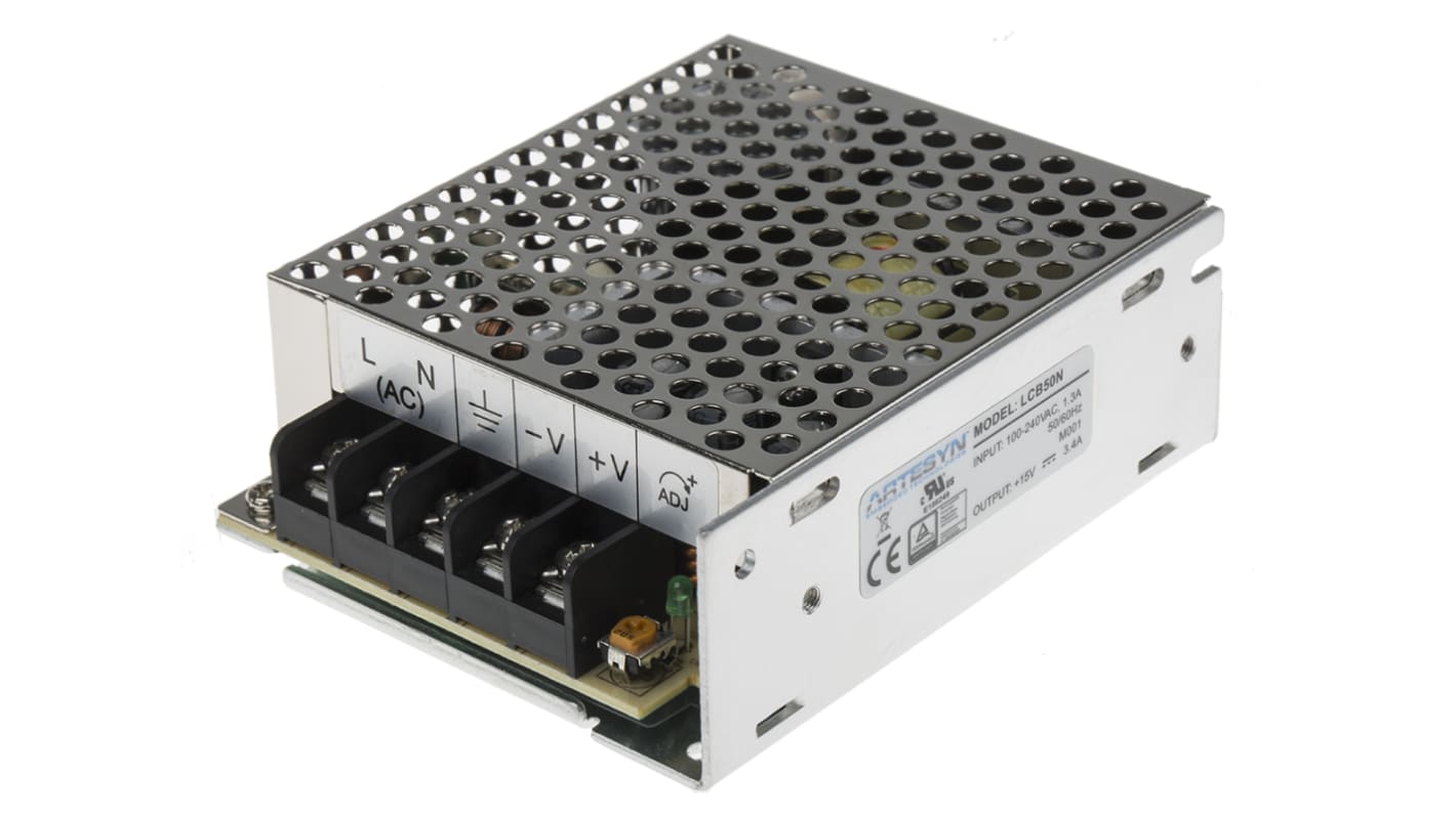 Artesyn Embedded Technologies Desktop Power Supply, LCB50N, 15V dc, 3.4A, 51W, 1 Output, 125 → 373 V dc, 88