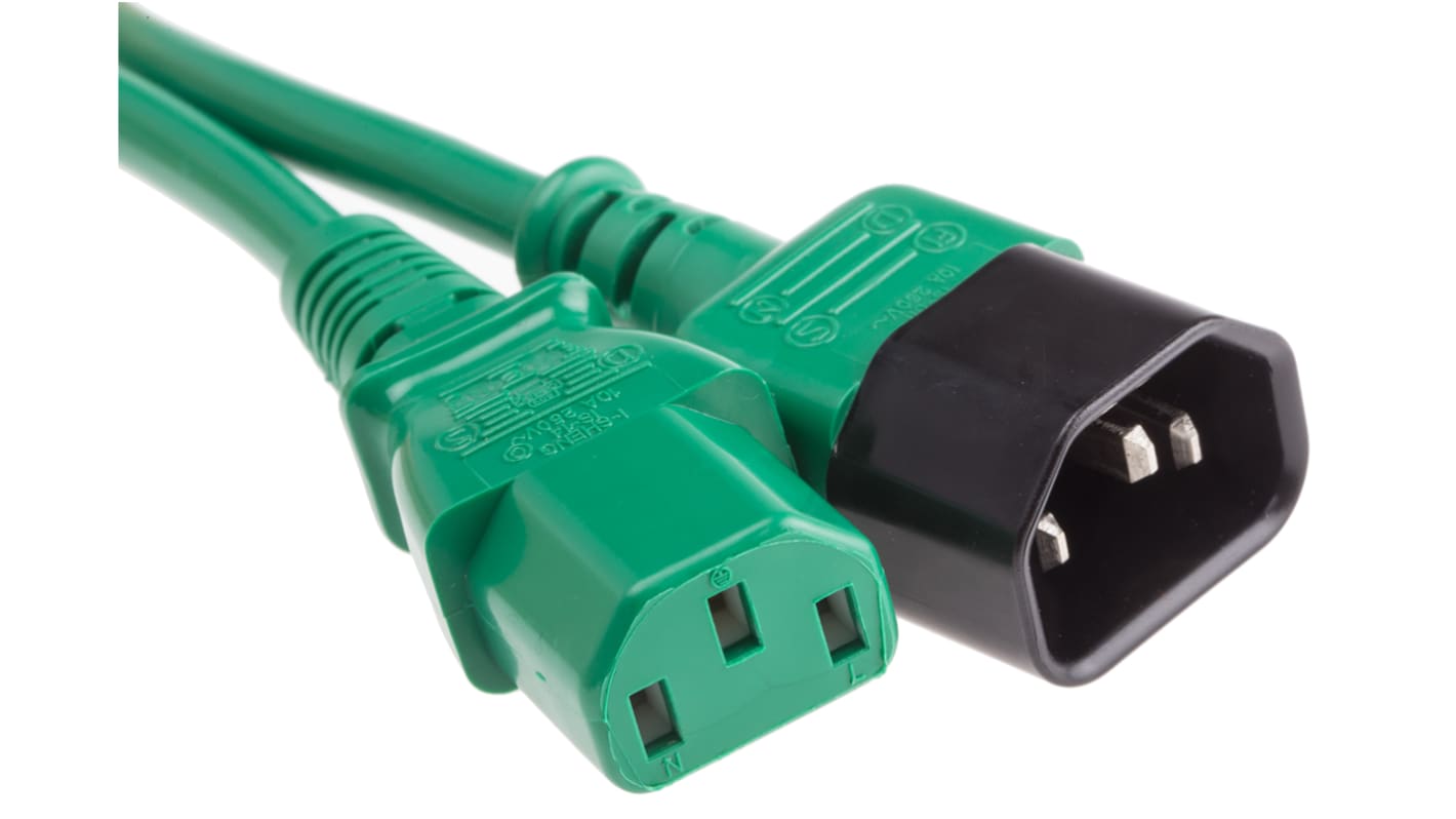 RS PRO Konfektioniertes Stromkabel, A IEC C13 / Buchse gerade, B IEC C14 / Stecker gerade, 6 A, 2m Grün,  250 V