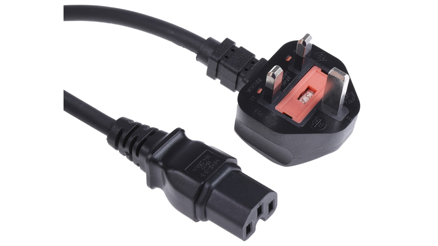 RS PRO Straight IEC C15 Socket to Right Angle Type G UK Plug Power Cord, 2m