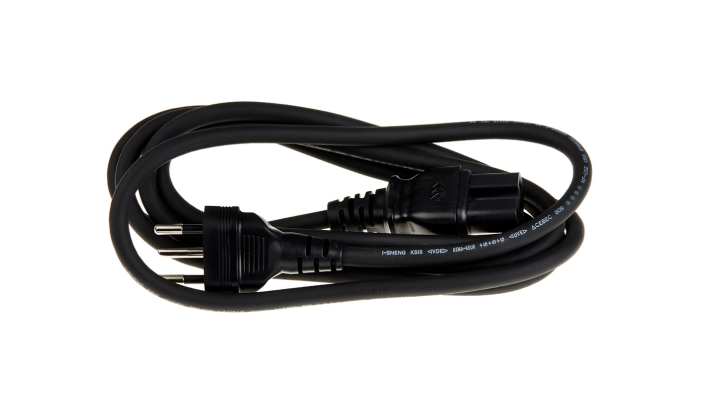 RS PRO 2m电源线, 10A, 250 V, 1mm2, IEC C15直向母座转J 型瑞士式插头直向公插, 黑色, 符合ESTI, ENEC, VDE标准