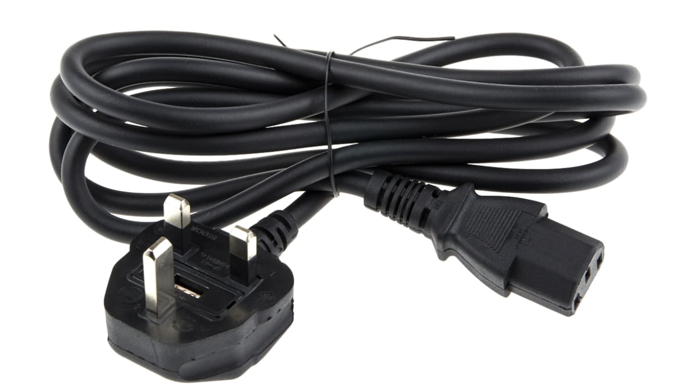 RS PRO Straight IEC C13 Socket to Right Angle Type G UK Plug Power Cord, 2m