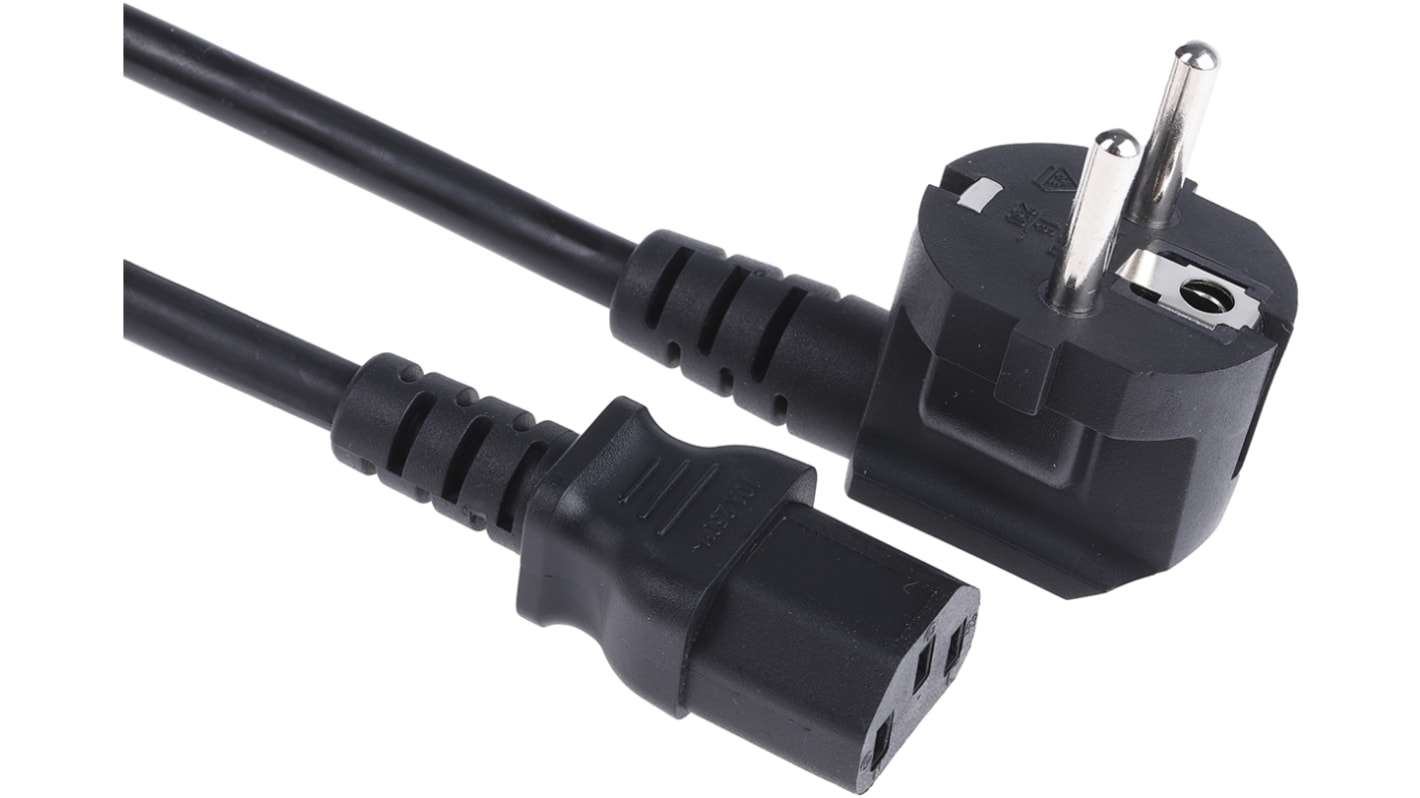 RS PRO 2m电源线, 10A, 250V, 1mm2, IEC C13直向母座转CEE 7/7直角公插, 黑色, 符合ENEC, VDE标准