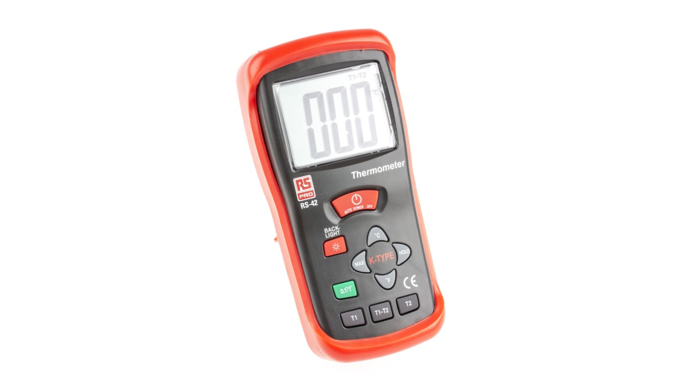 RS PRO RS42 Wired Digital Thermometer, K Probe, 2 Input(s), +1300 °C, +2000°F Max, ±0.5% + 1 °C, ±0.5% + 2 °F Accuracy