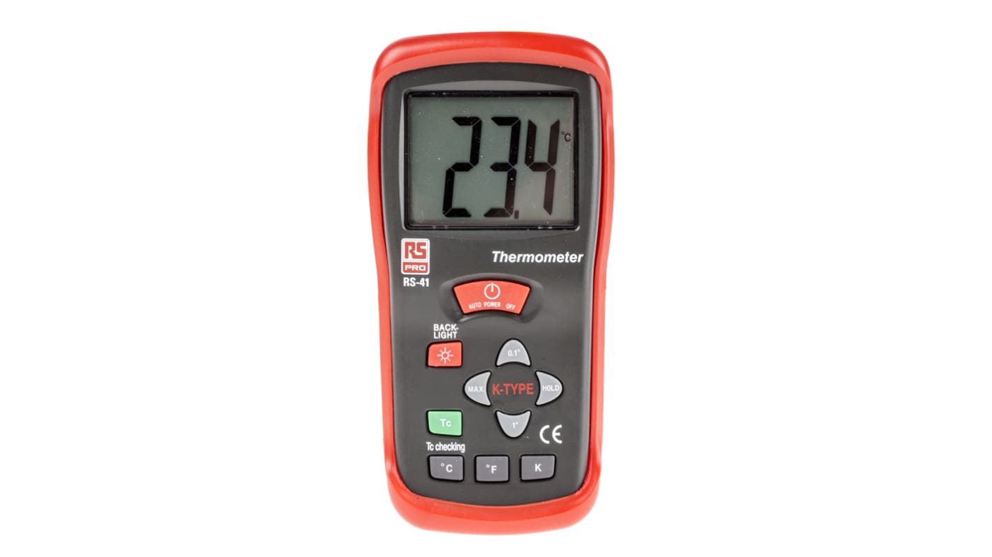 RS PRO RS41 Wired Digital Thermometer, K Probe, 1 Input(s), +1300 °C, +2000 °F, +2000 K Max, ±0.5% + 1 °C, ±0.5% + 2