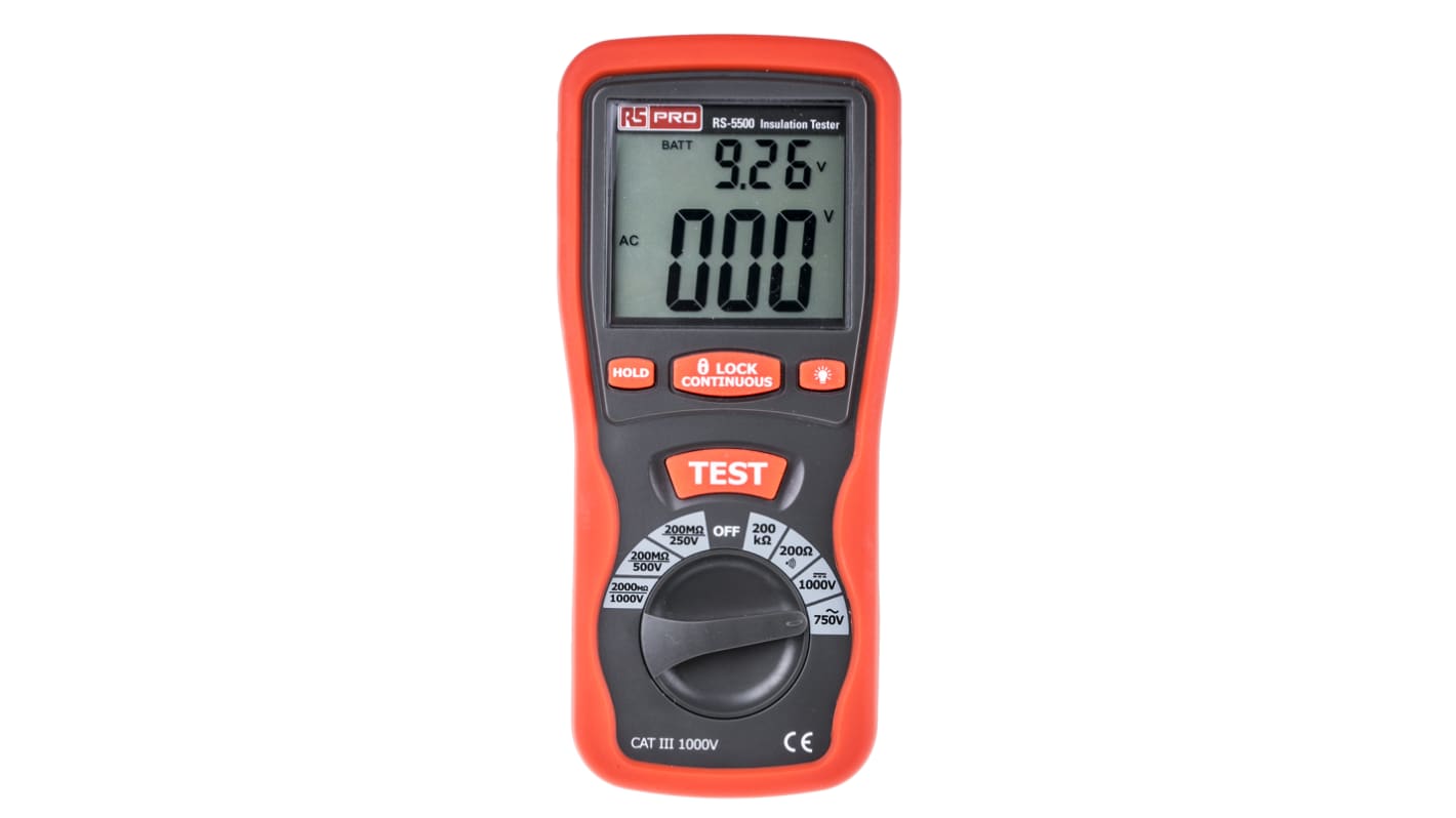 RS PRO RS5500 Insulation Tester, 250V Min, 1000V Max, 2000MΩ Max, CAT III 1000V - UKAS Calibration