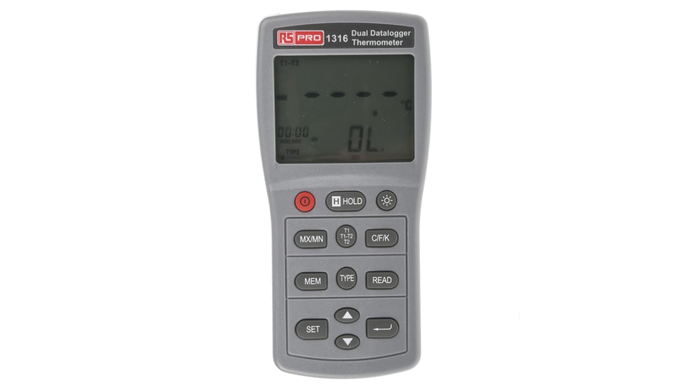 RS PRO 1316 Wired Digital Thermometer, E, J, K, N, R, S, T Probe, 2 Input(s), +1090 (J) °C, +1300 (N) °C, +1370 (K) °C,