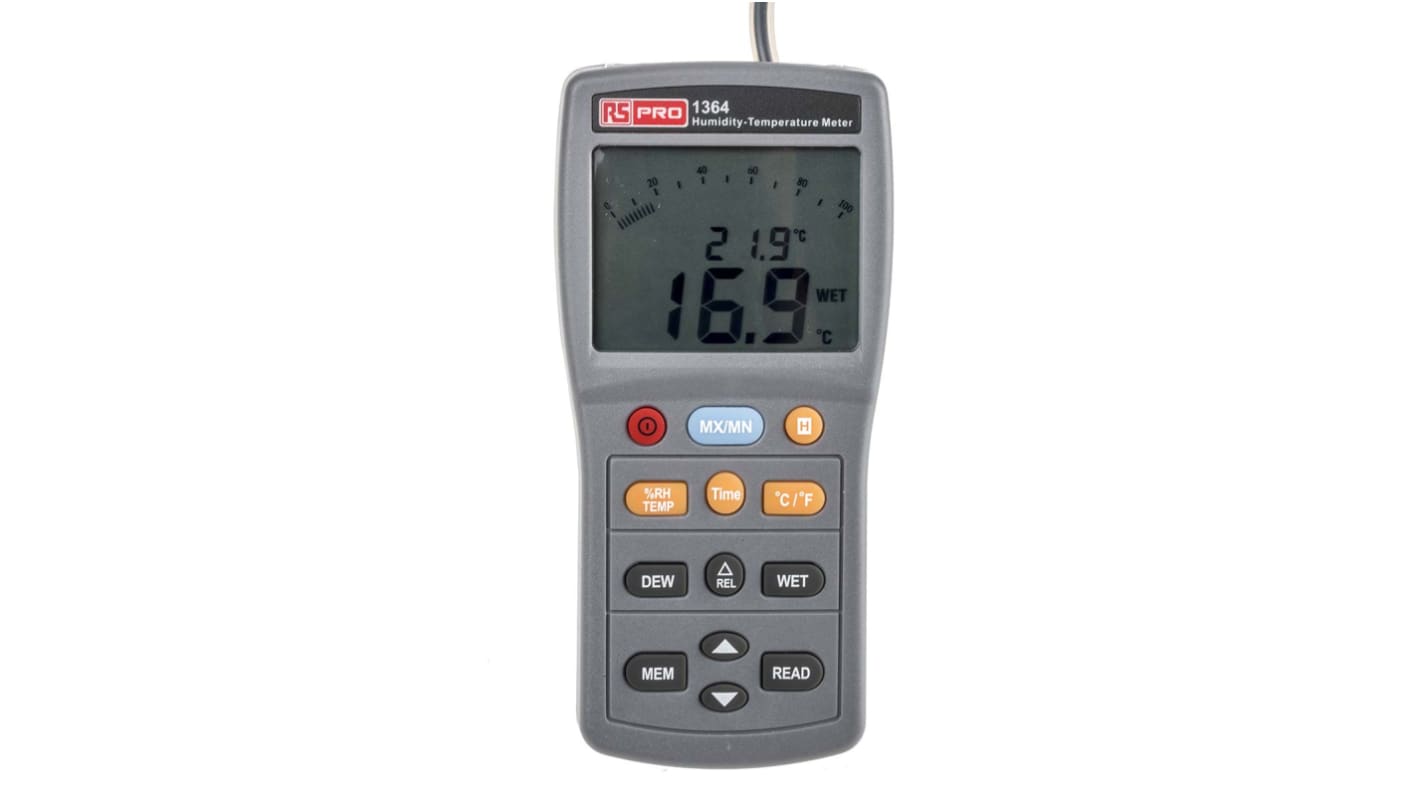 Higrómetro de mano RS PRO RS1364, humedad máx. 95%HR, temperatura máx. +140 °F, +60 °C