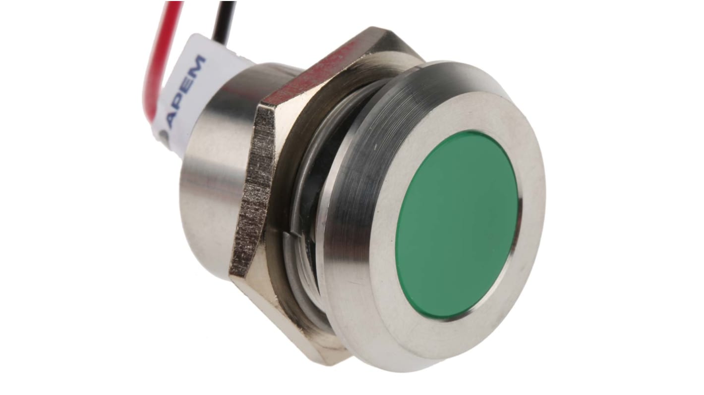 Indicatore da pannello RS PRO Verde  a LED, 24V cc, IP67, A filo, foro da 22mm