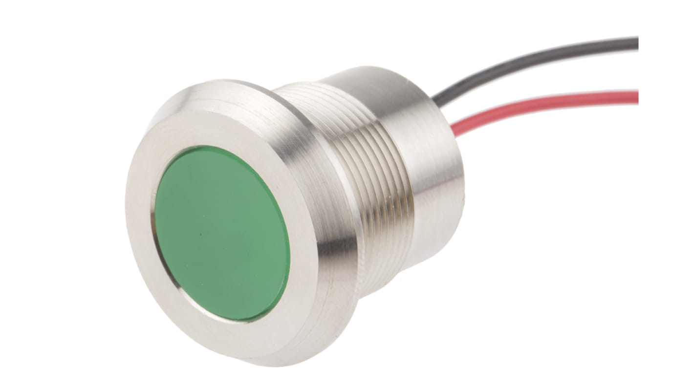 RS PRO Green Panel Mount Indicator, 220V ac, 22mm Mounting Hole Size, Lead Wires Termination, IP67