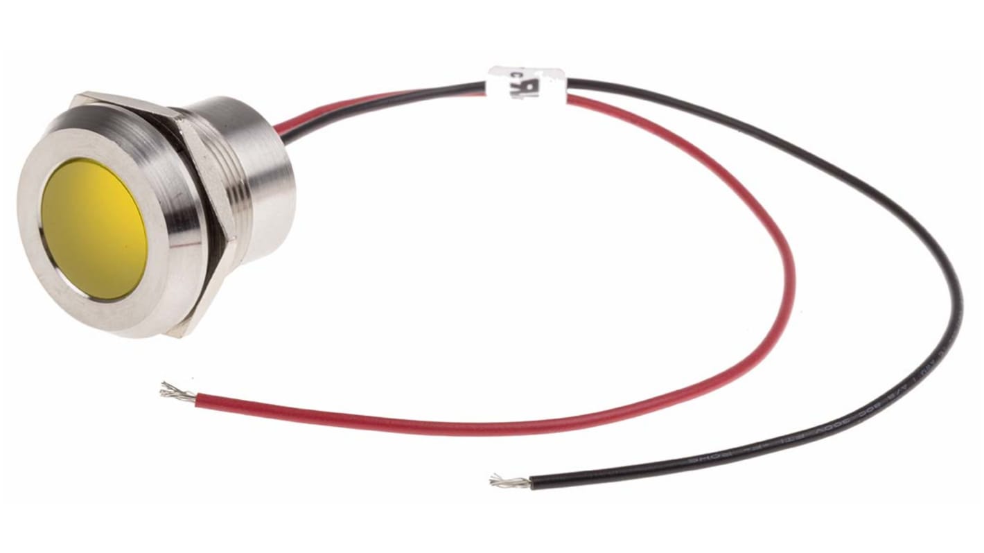RS PRO Yellow Panel Mount Indicator, 220V ac, 22mm Mounting Hole Size, Lead Wires Termination, IP67