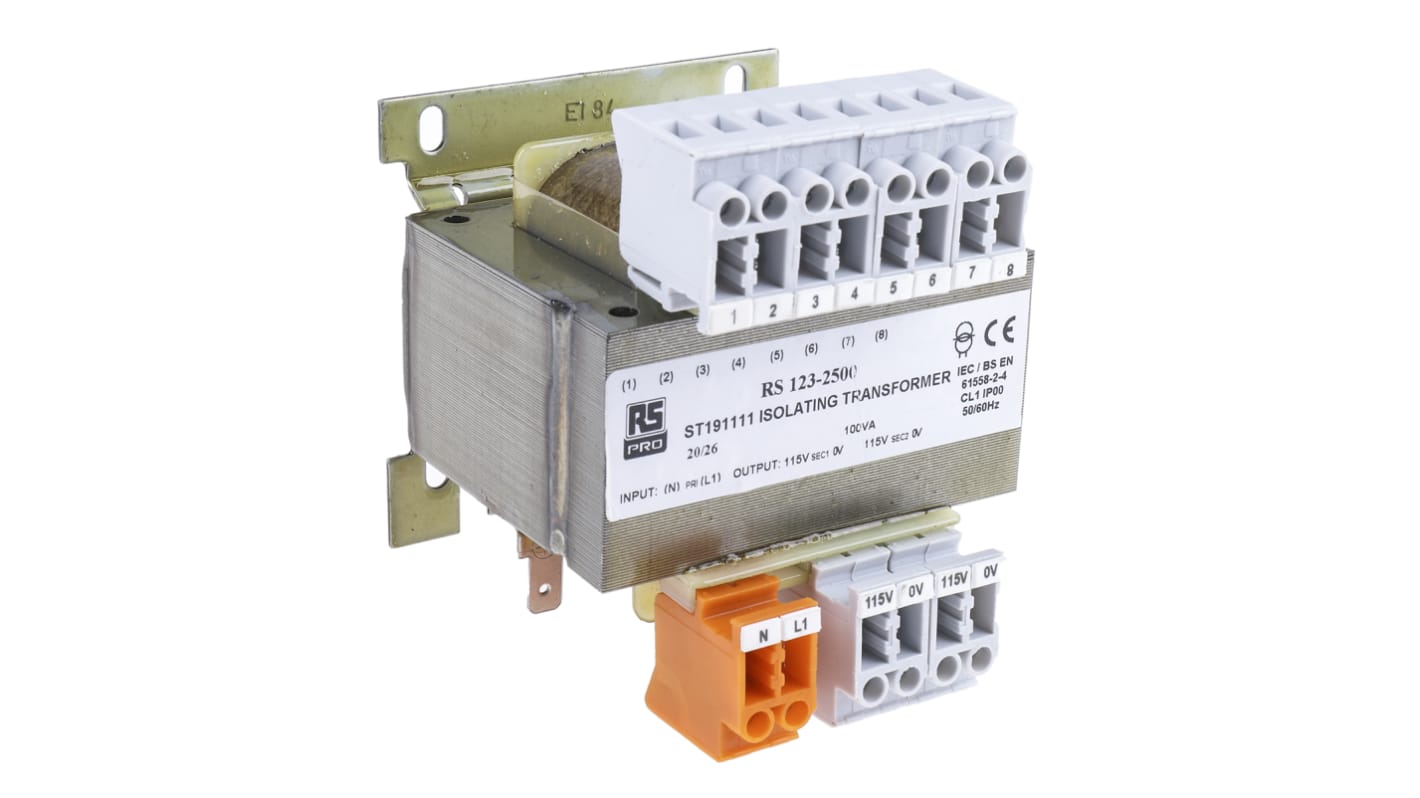 RS PRO 100VA DIN Rail Transformer, 208V ac Primary, 2 x 115V Secondary
