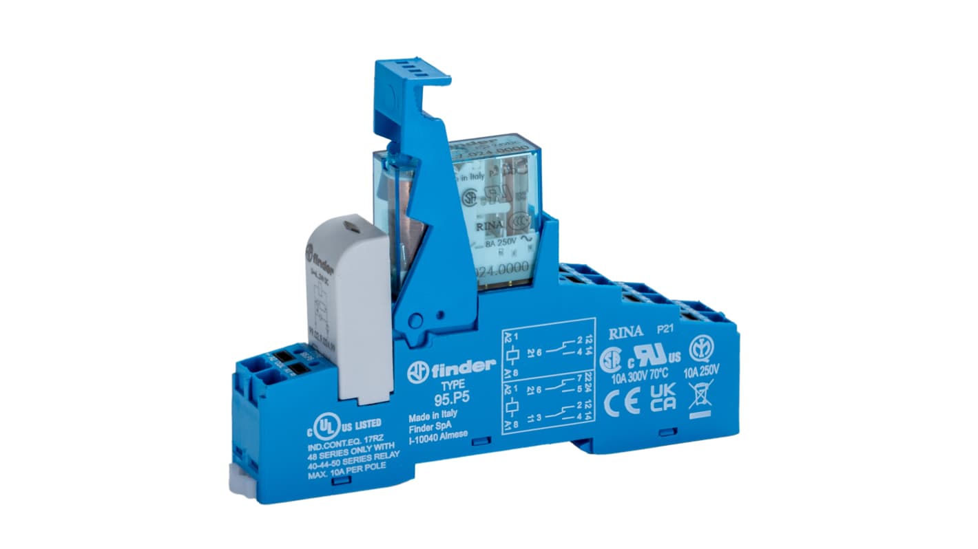 Finder 48 Series Interface Relay, DIN Rail Mount, 24V dc Coil, DPDT-2C/0, 2-Pole, 8A Load