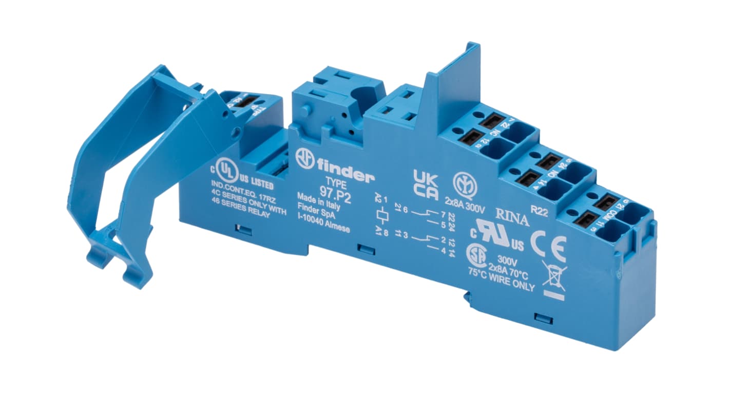 Finder 97 8 Pin 250V ac DIN Rail Relay Socket, for use with 46.52 Relay