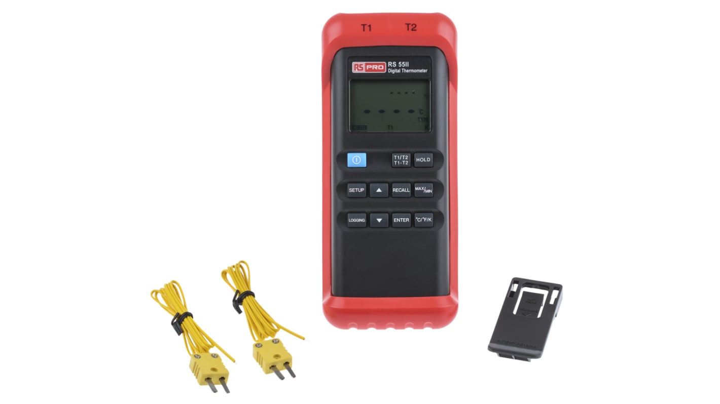 RS PRO RS55-II Wired Digital Thermometer, J, K Probe, 2 Input(s), +1372 °C, +2501°F Max, ±0.7 K Accuracy