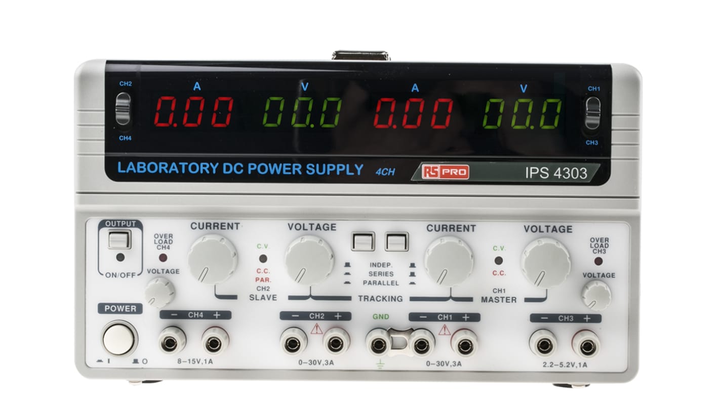 Fuente de alimentación RS PRO, calibrado RS, 4 salidas, 2 x 0 → 30V, 2 x 0 → 3A, 200W